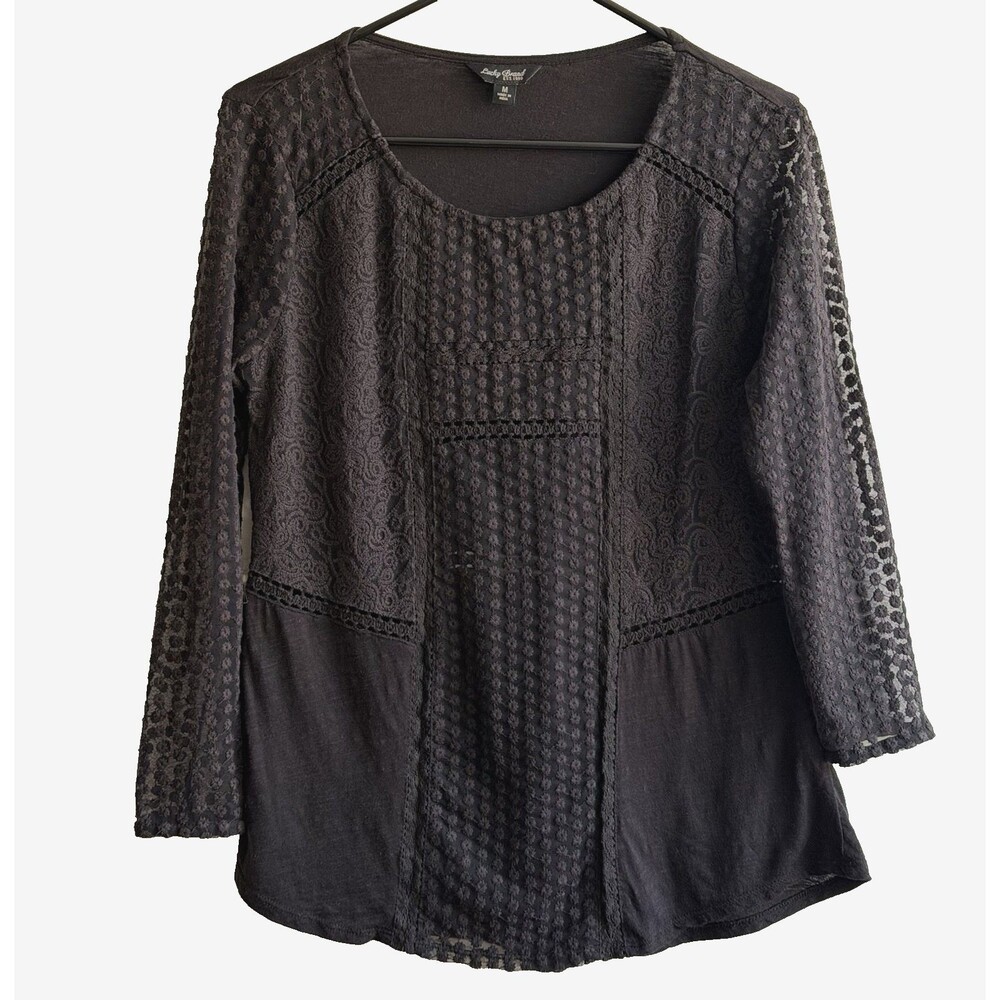 Lucky Brand Black Floral Embroidered Lace Mesh Sheer Long Sleeve Top M